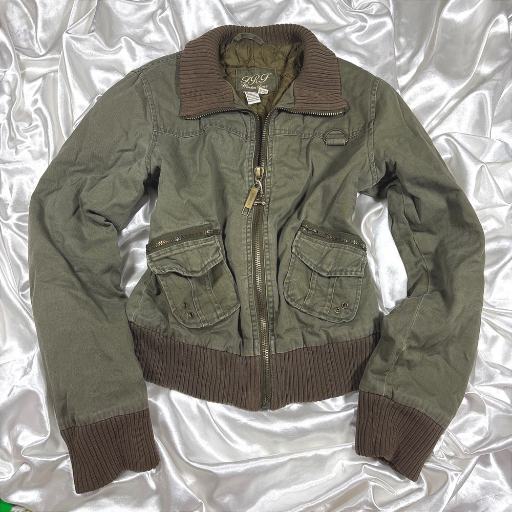y2k TRF Bomber Jacket Green Excellent Utility Military Quilted Pockets M